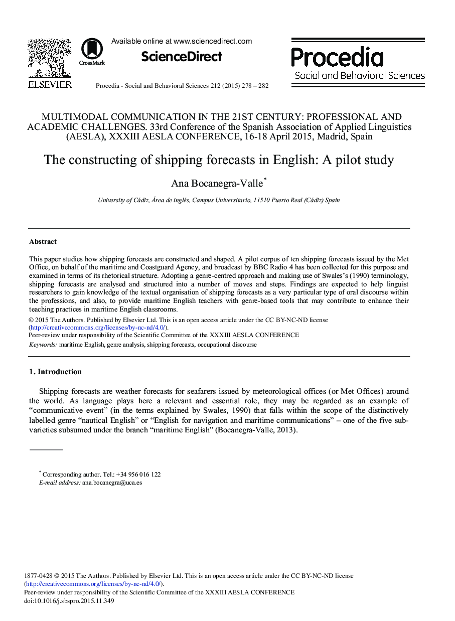 The Constructing of Shipping Forecasts in English: A Pilot Study 