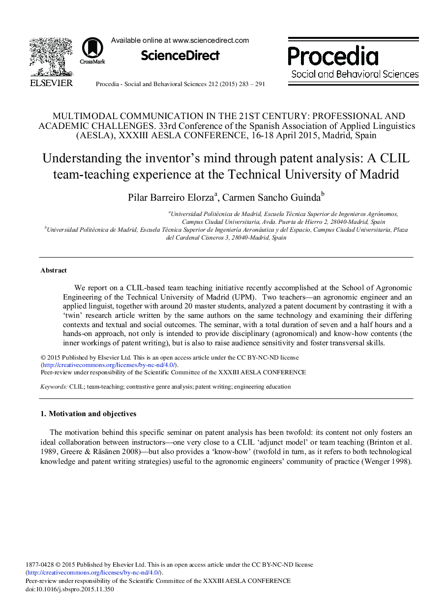 Understanding the Inventor's Mind Through Patent Analysis: A CLIL Team-teaching Experience at the Technical University of Madrid 