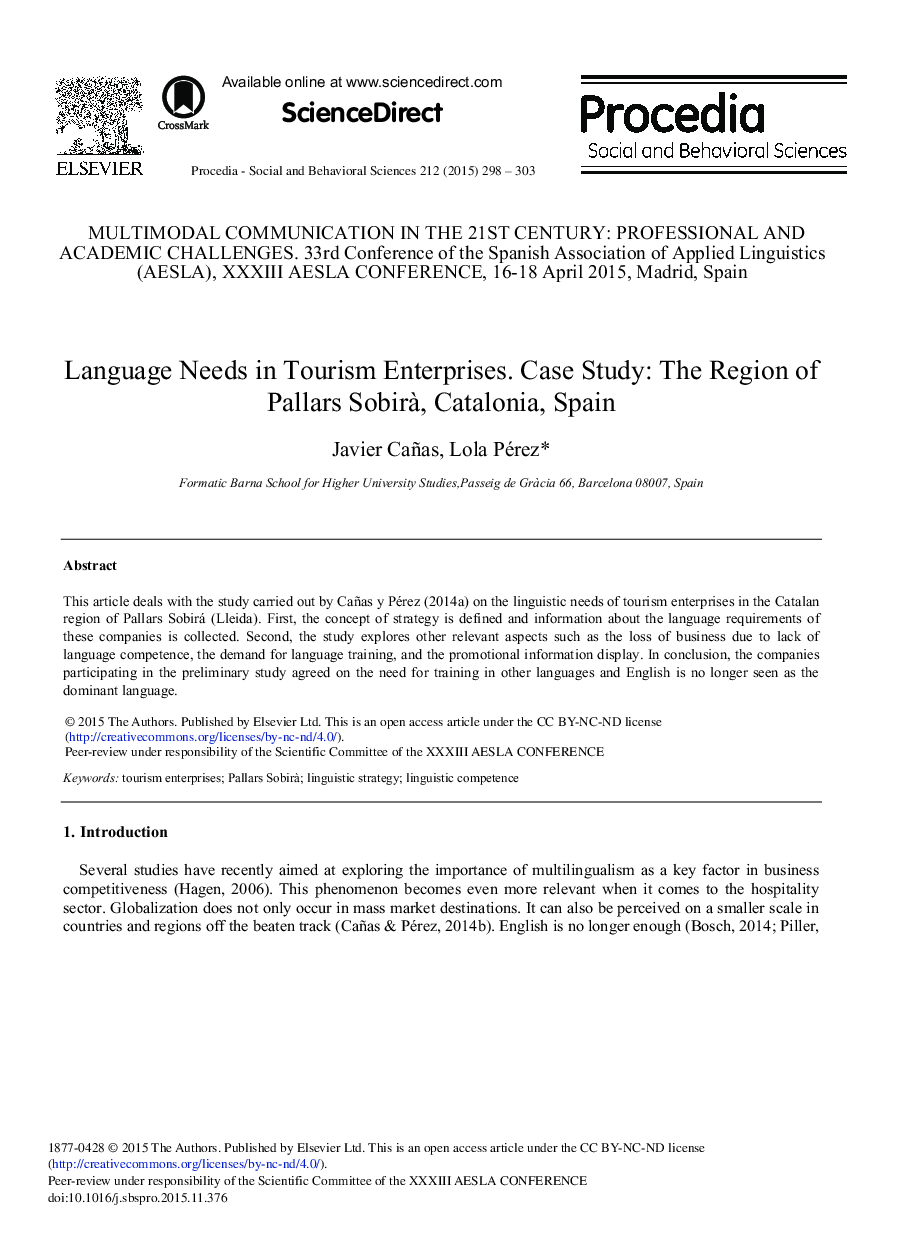 Language Needs in Tourism Enterprises. Case Study: The Region of Pallars Sobirà, Catalonia, Spain 