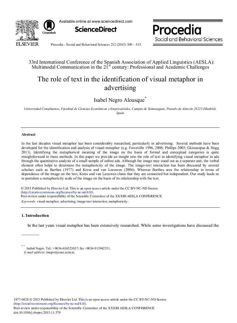 The Role of Text in the Identification of Visual Metaphor in Advertising 