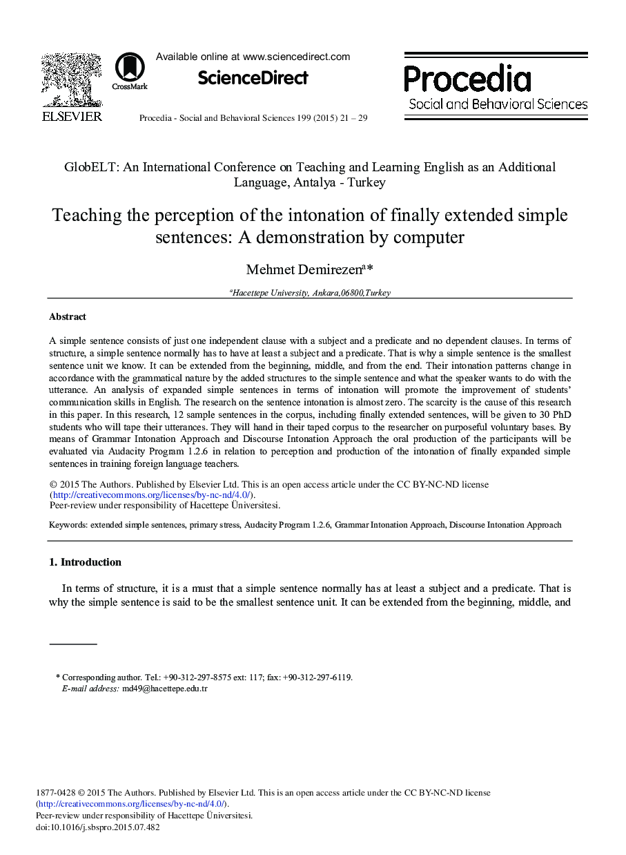 Teaching the Perception of the Intonation of Finally Extended Simple Sentences: A Demonstration by Computer 