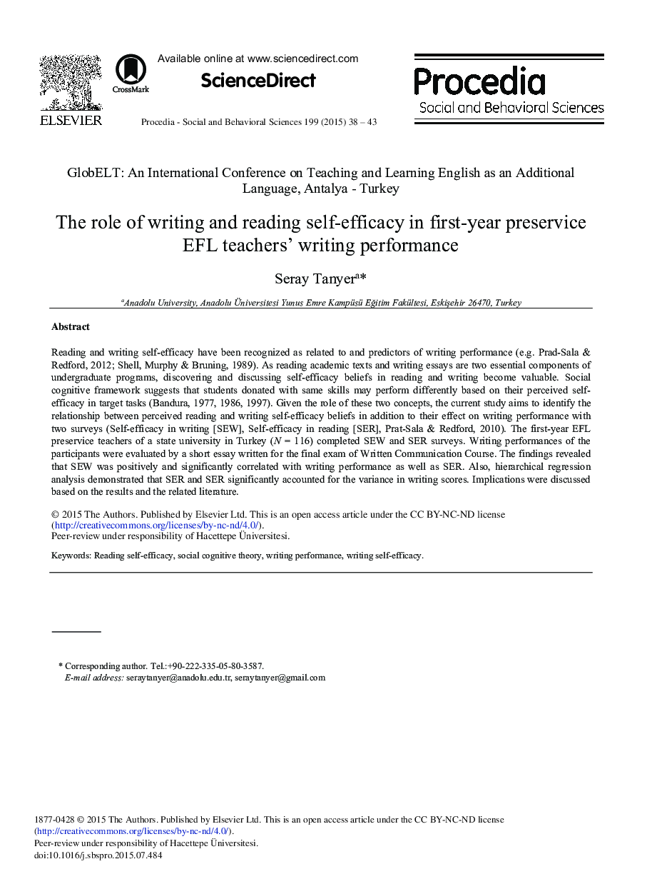 The Role of Writing and Reading Self-efficacy in First-year Preservice EFL Teachers’ Writing Performance 