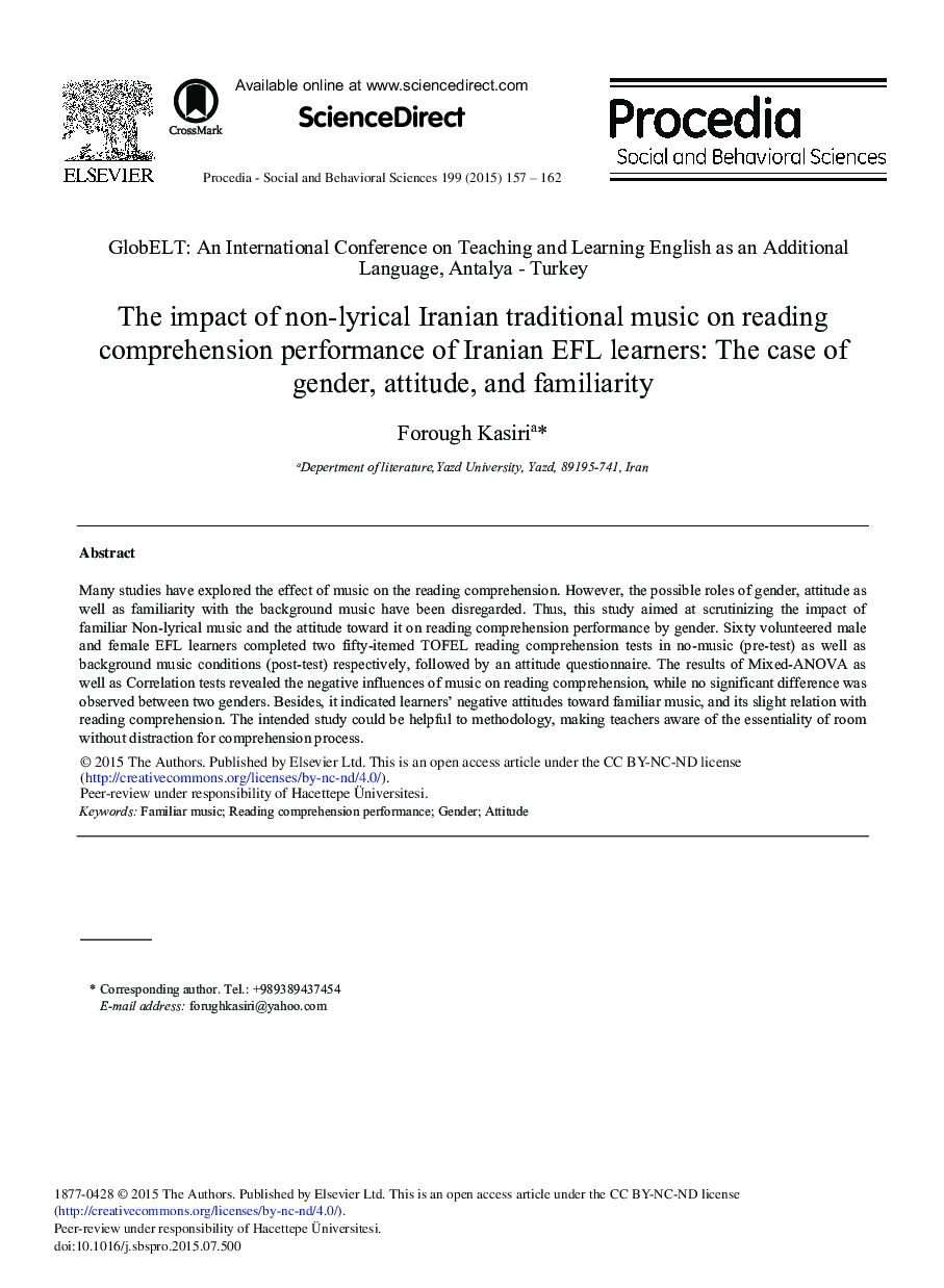 The Impact of Non-lyrical Iranian Traditional Music on Reading Comprehension Performance of Iranian EFL Learners: The Case of Gender, Attitude, and Familiarity 