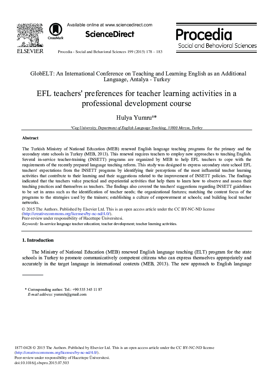 EFL Teachers’ Preferences for Teacher Learning Activities in a Professional Development Course 