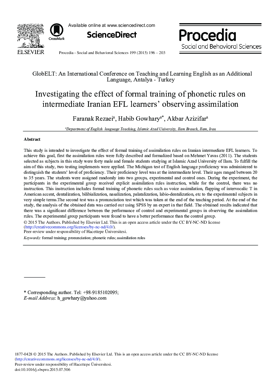 Investigating the Effect of Formal Training of Phonetic Rules on Intermediate Iranian EFL Learners’ Observing Assimilation 