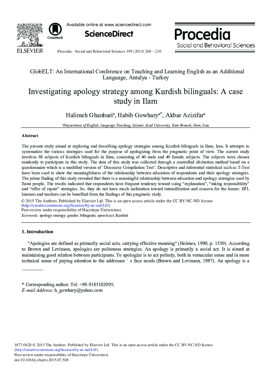 Investigating Apology Strategy Among Kurdish Bilinguals: A Case Study in Ilam 