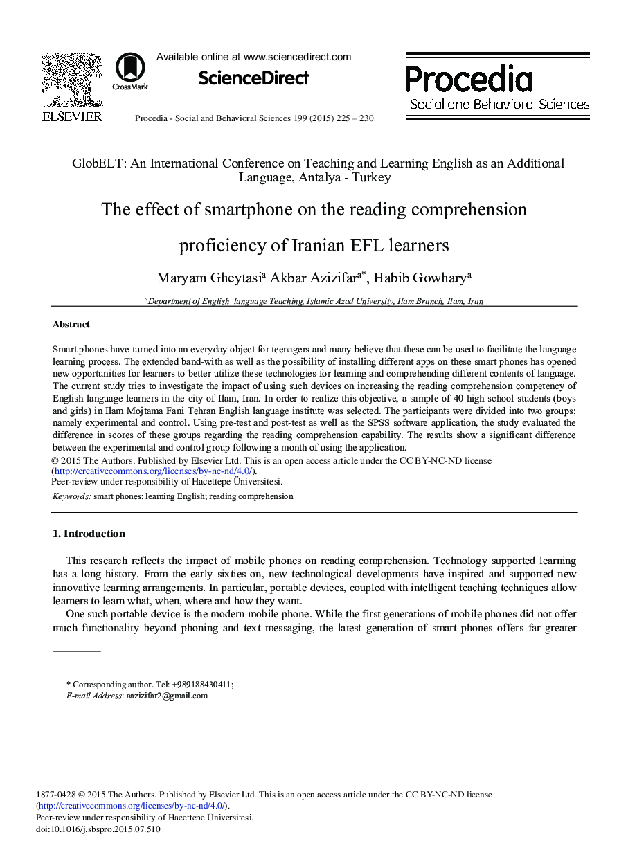 The Effect of Smartphone on the Reading Comprehension Proficiency of Iranian EFL Learners 