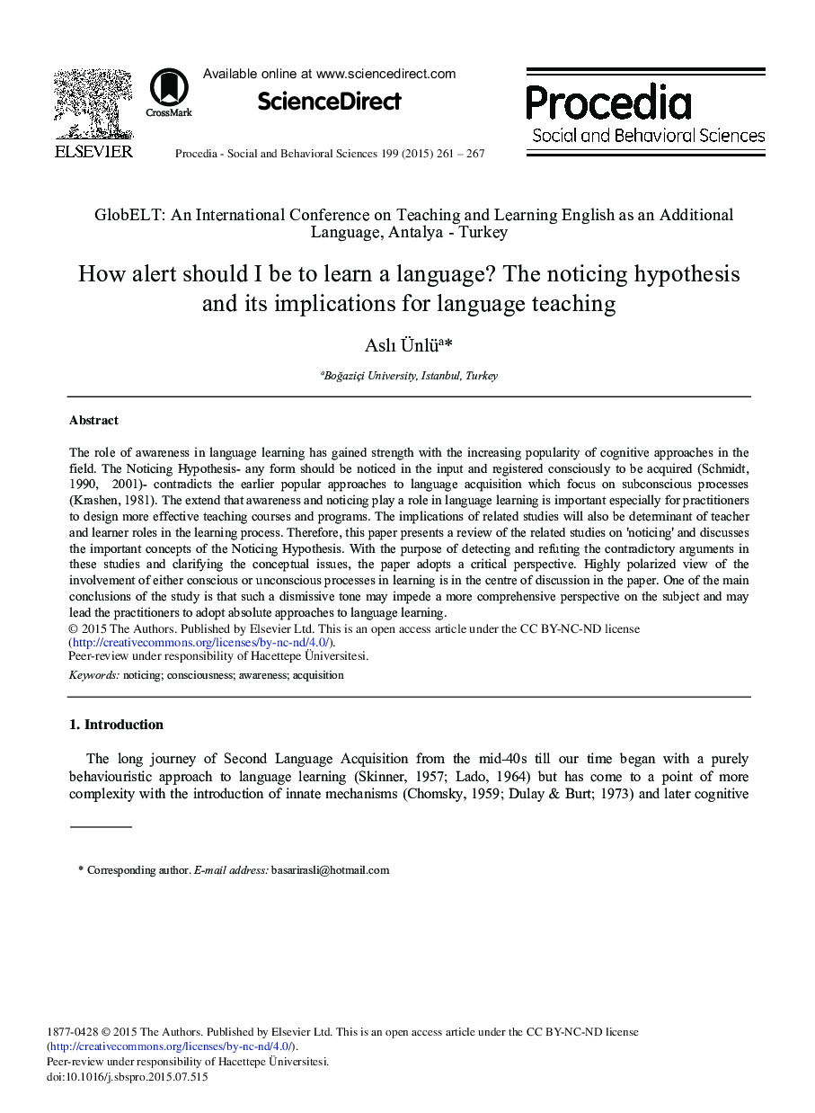 How Alert should I be to Learn a Language? The Noticing Hypothesis and its Implications for Language Teaching 