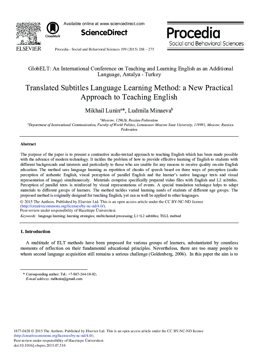 Translated Subtitles Language Learning Method: A New Practical Approach to Teaching English 