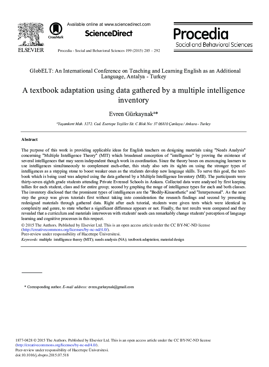 A Textbook Adaptation Using Data Gathered by a Multiple Intelligence Inventory 