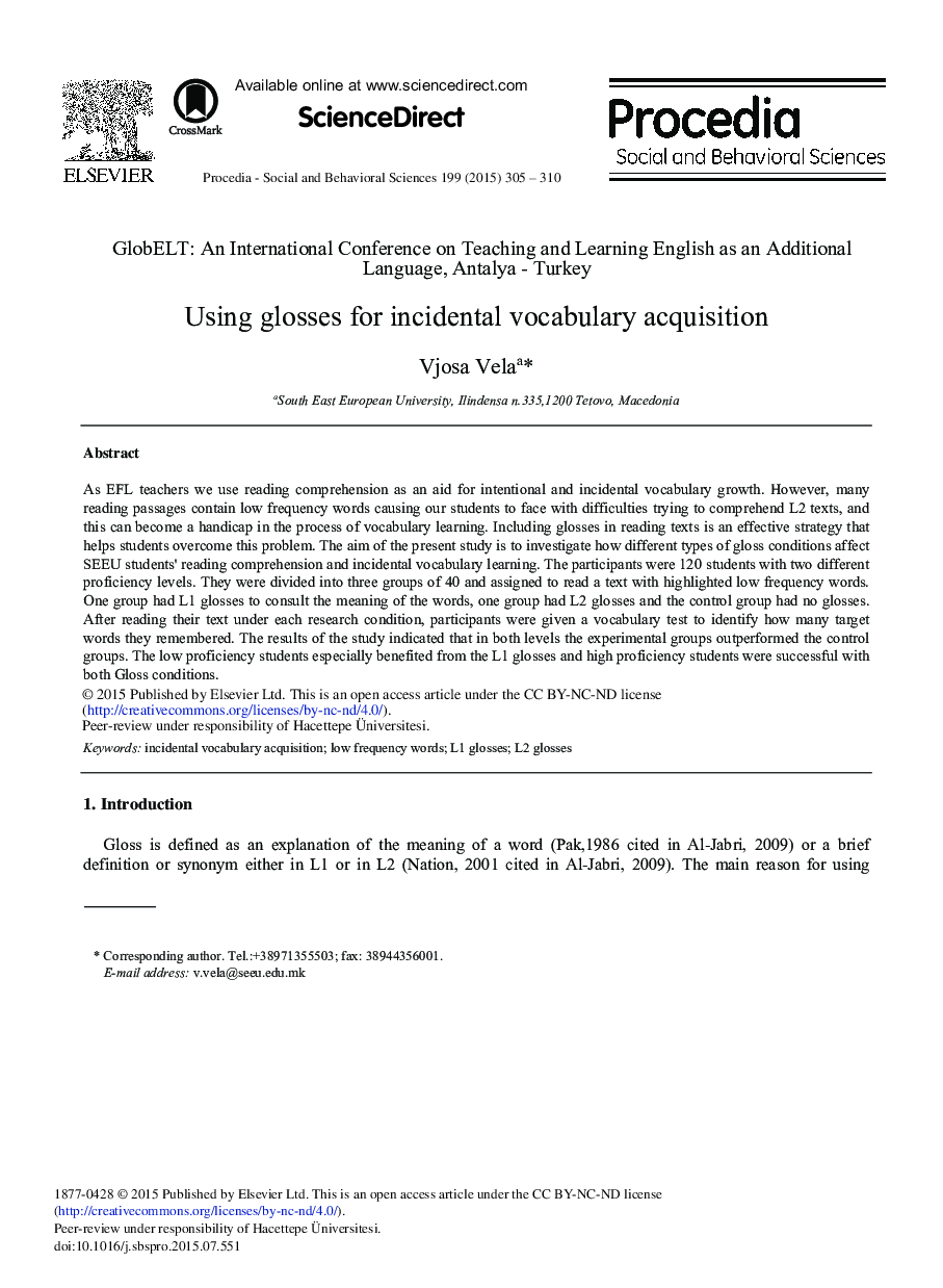 Using Glosses for Incidental Vocabulary Acquisition 