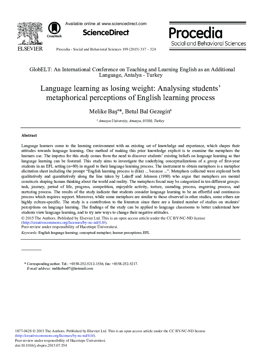 Language Learning as Losing Weight: Analysing Students’ Metaphorical Perceptions of English Learning Process 