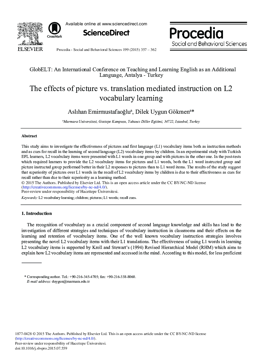 The Effects of Picture vs. Translation Mediated Instruction on L2 Vocabulary Learning 