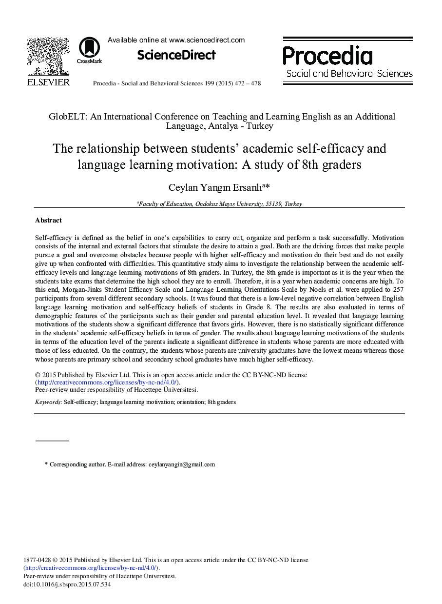 The Relationship between Students’ Academic Self-efficacy and Language Learning Motivation: A Study of 8th Graders 