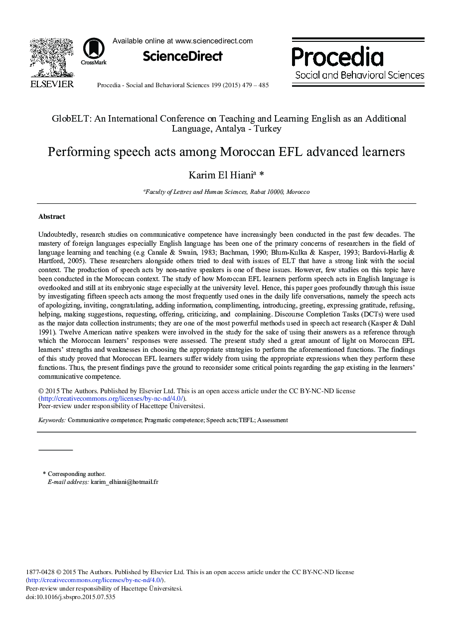 Performing Speech Acts among Moroccan EFL Advanced Learners 