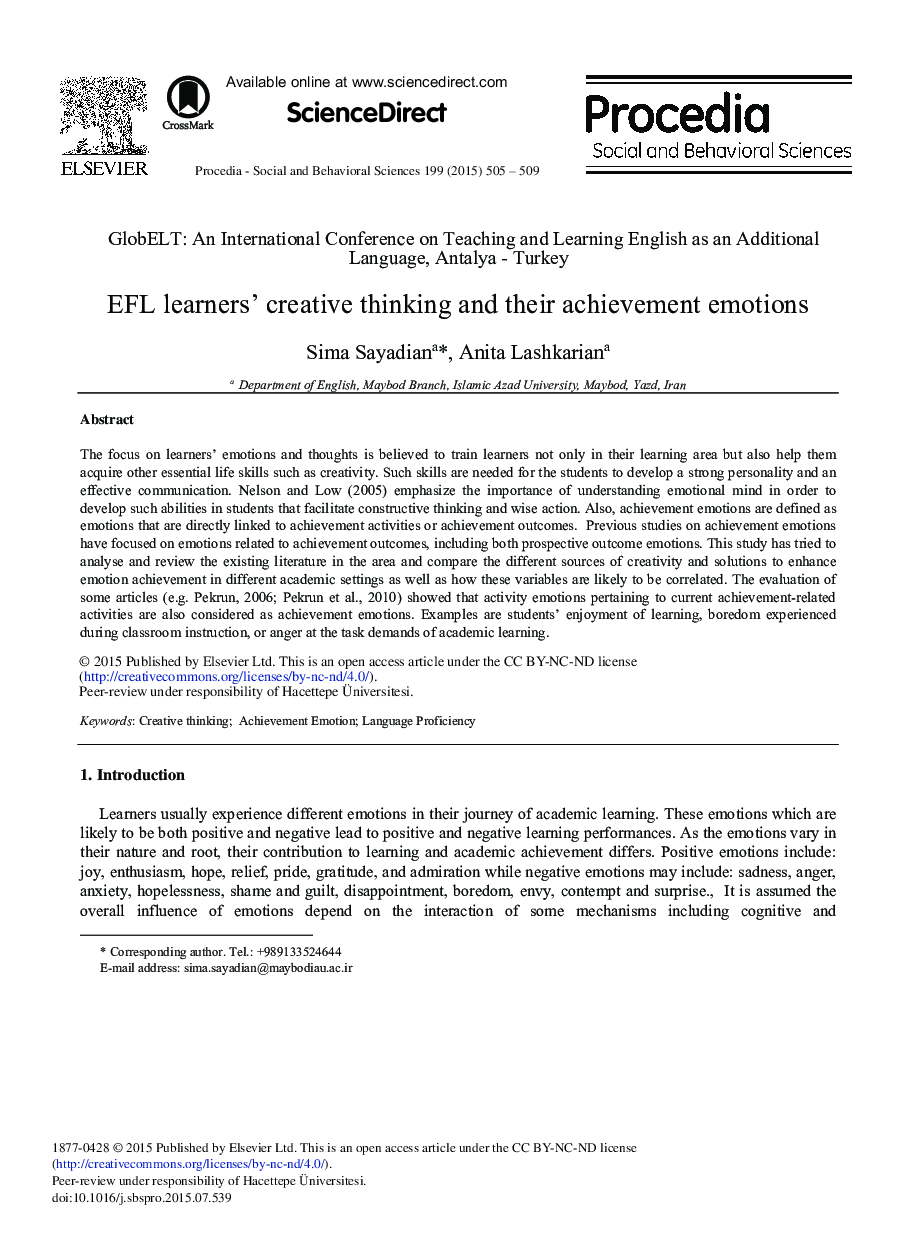 EFL Learners’ Creative Thinking and their Achievement Emotions 