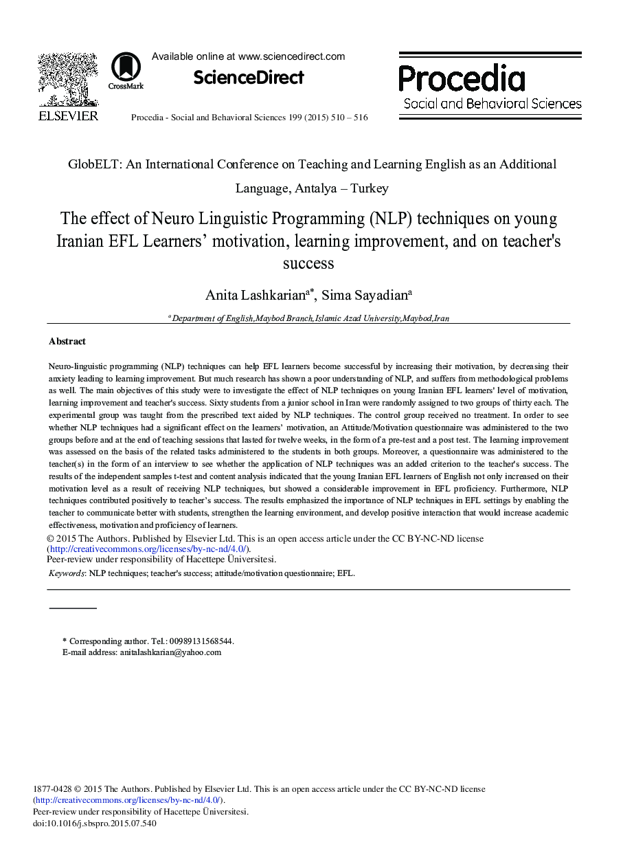 The Effect of Neuro Linguistic Programming (NLP) Techniques on Young Iranian EFL Learners’ Motivation, Learning Improvement, and on Teacher's Success 