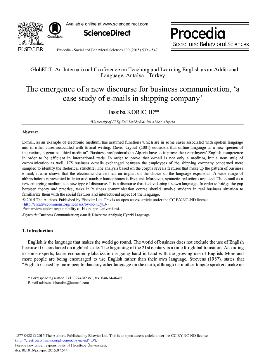 The Emergence of a New Discourse for Business Communication, ‘A Case Study of e-mails in Shipping Company’ 