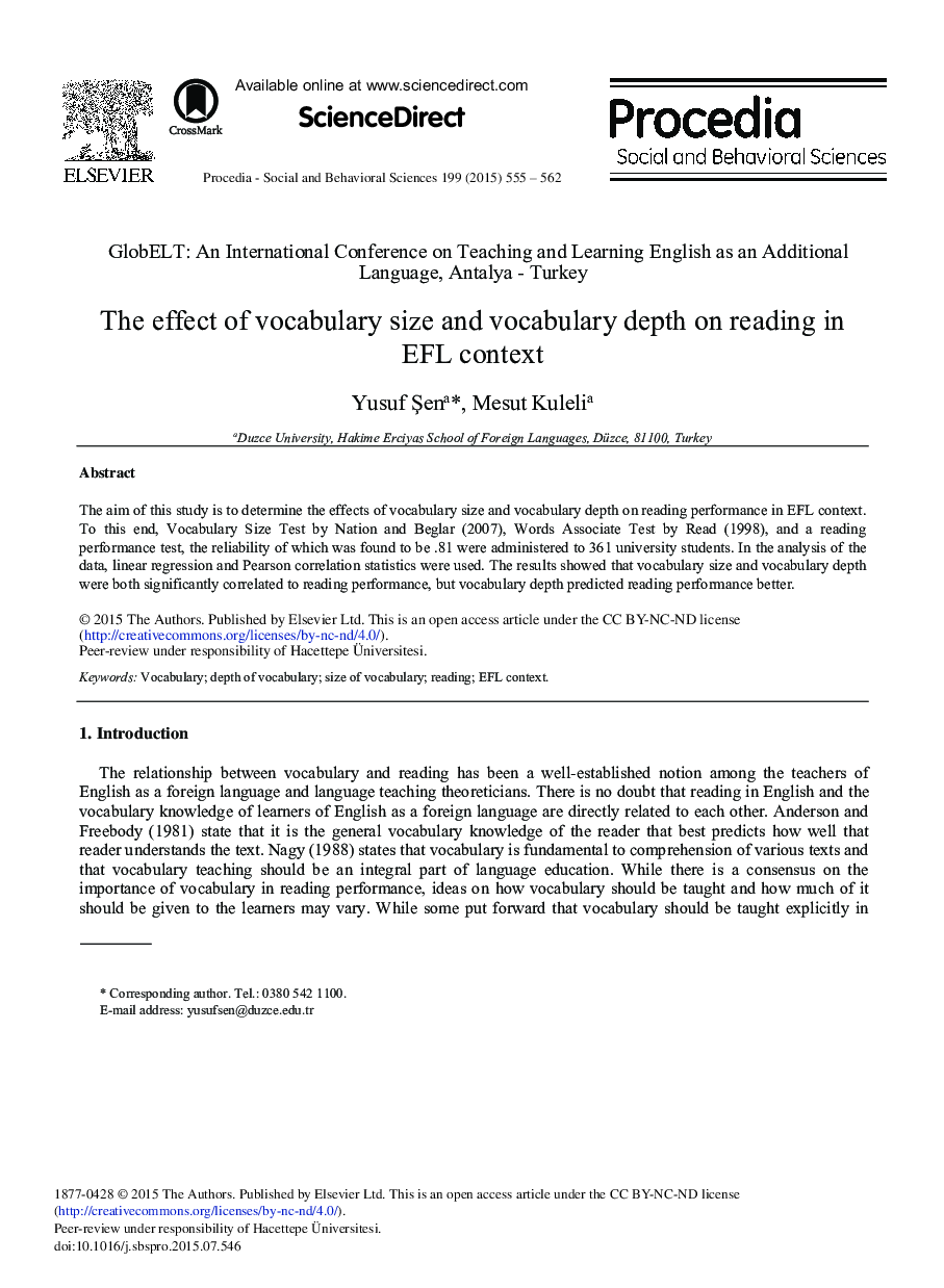 The Effect of Vocabulary Size and Vocabulary Depth on Reading in EFL Context 