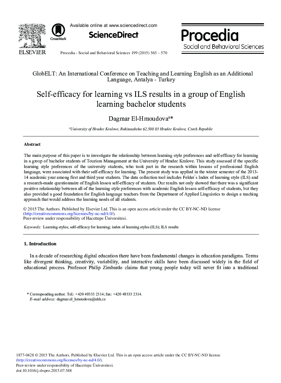 Self-efficacy for Learning vs ILS Results in a group of English Learning Bachelor Students 