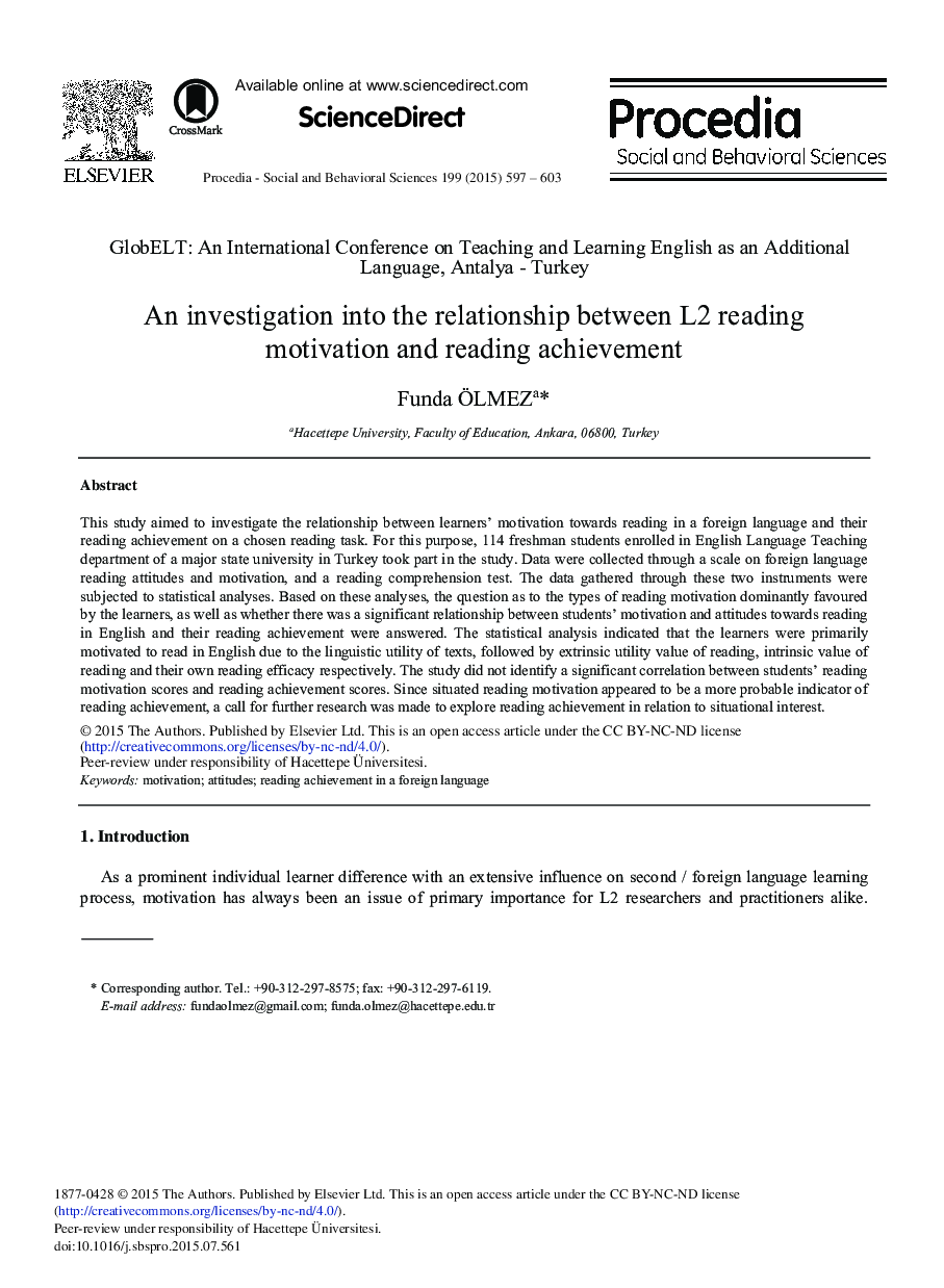 An Investigation into the Relationship Between L2 Reading Motivation and Reading Achievement 