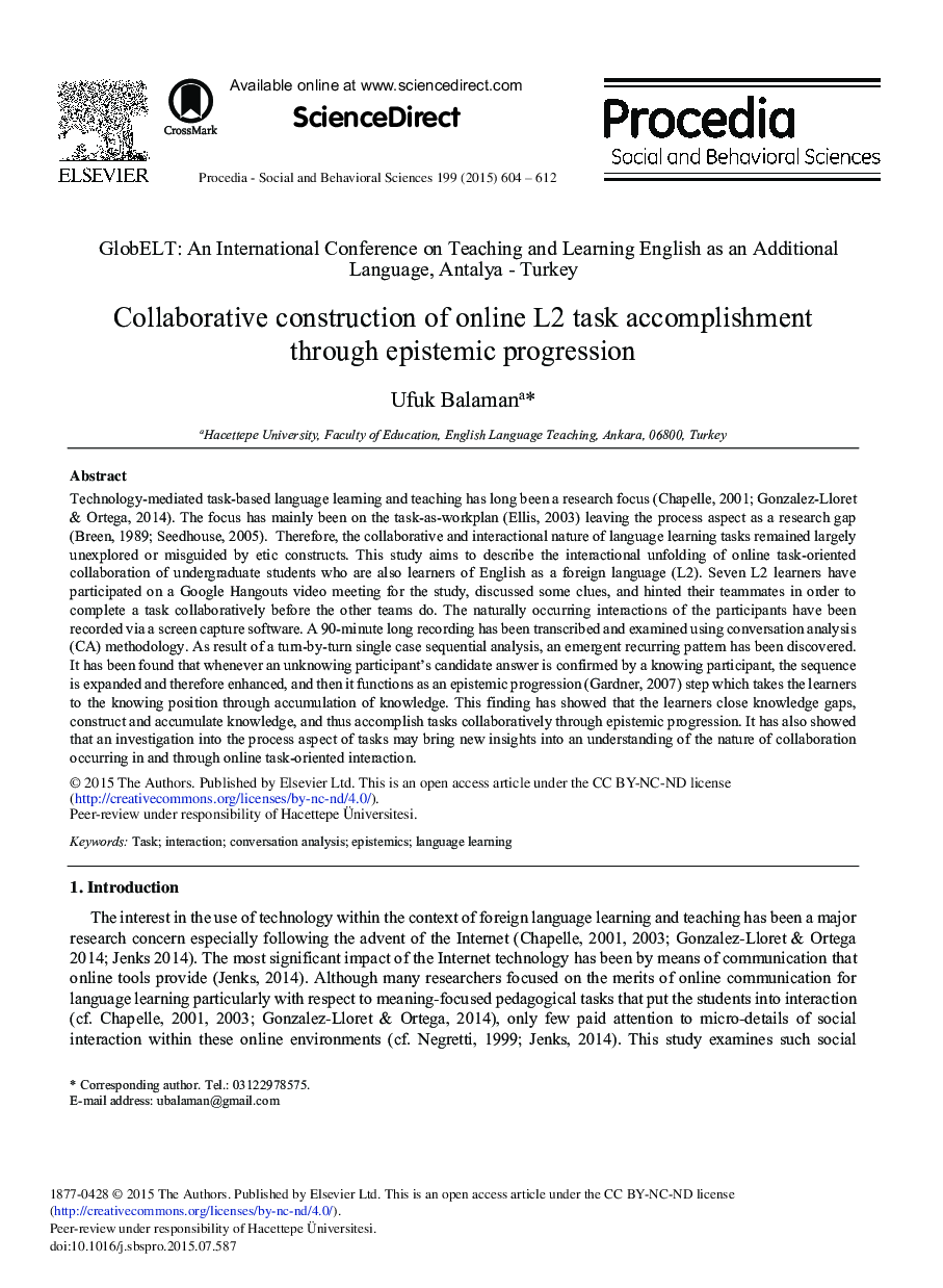 Collaborative Construction of Online L2 Task Accomplishment through Epistemic Progression 