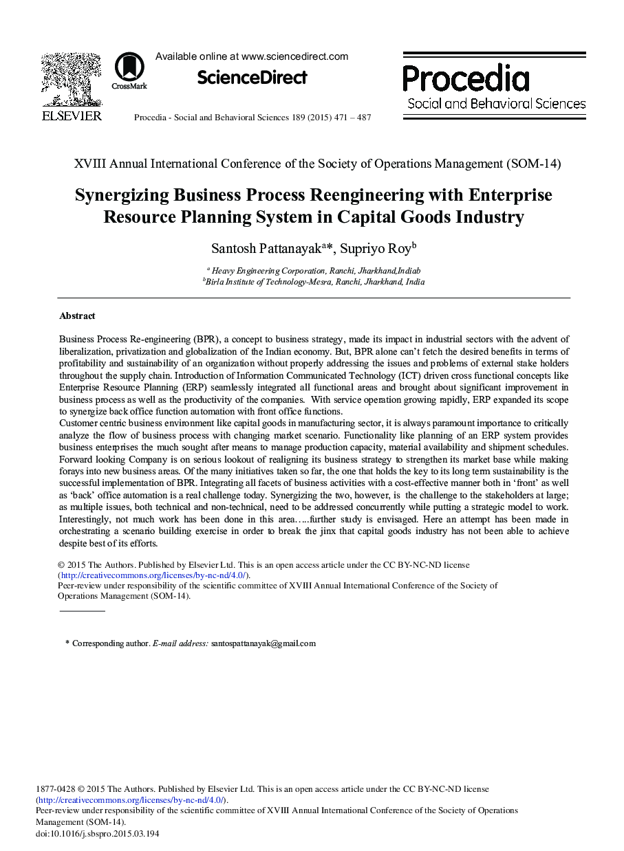 Synergizing Business Process Reengineering with Enterprise Resource Planning System in Capital Goods Industry 