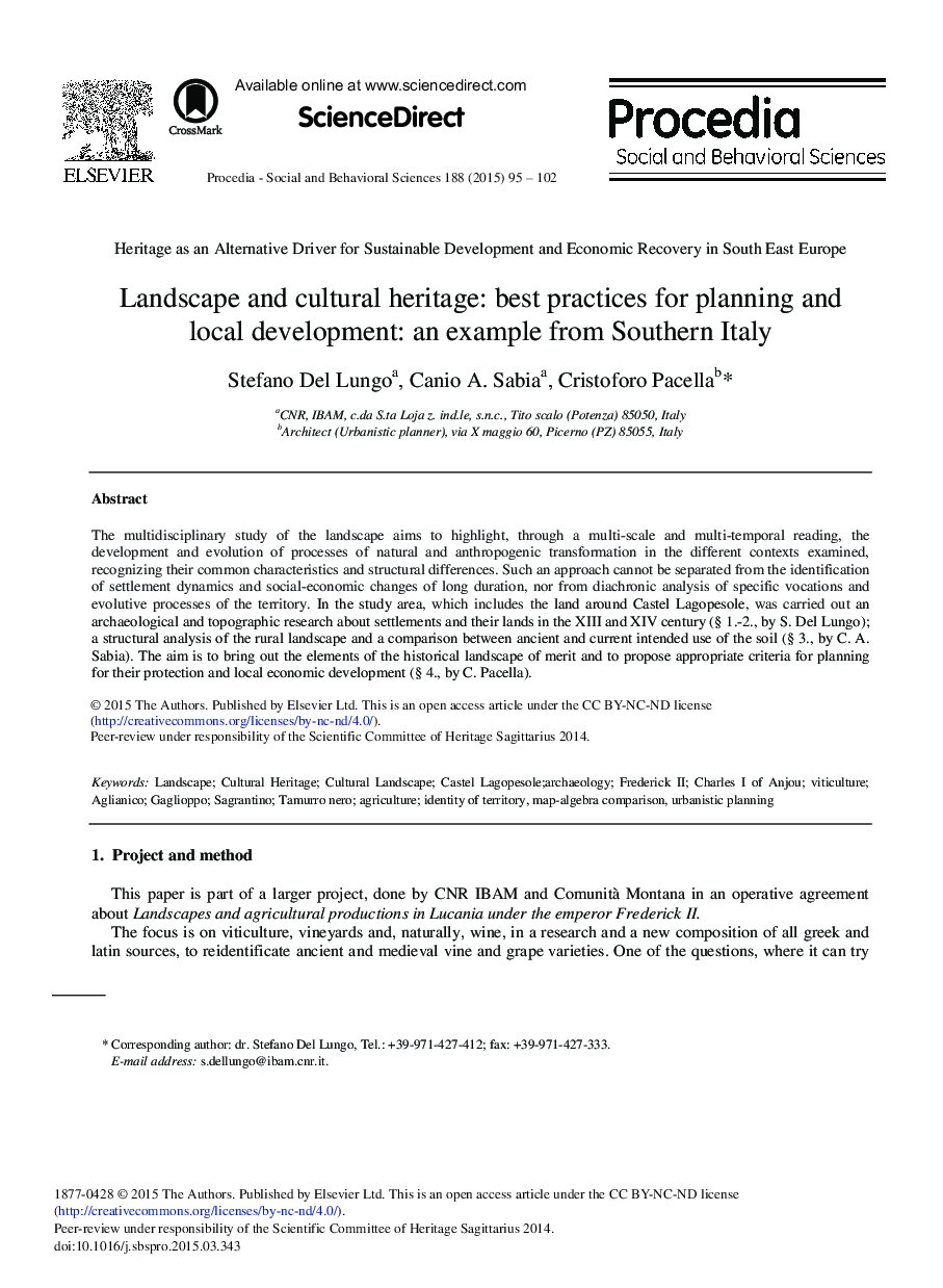 Landscape and Cultural Heritage: Best Practices for Planning and Local Development: An Example from Southern Italy 