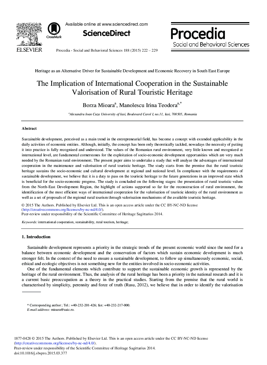 The Implication of International Cooperation in the Sustainable Valorisation of Rural Touristic Heritage 