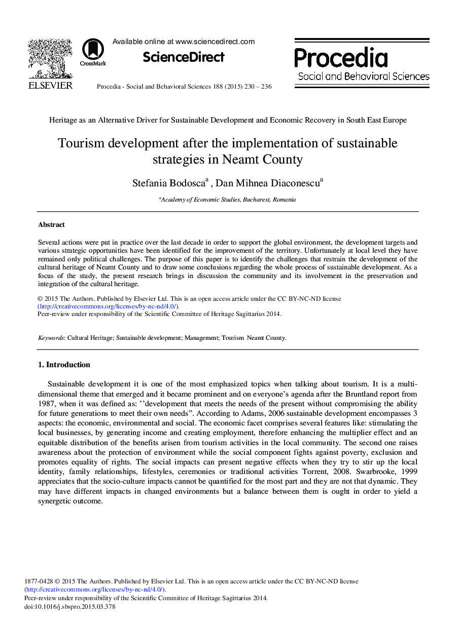 Tourism development after the implementation of sustainable strategies in Neamt County 