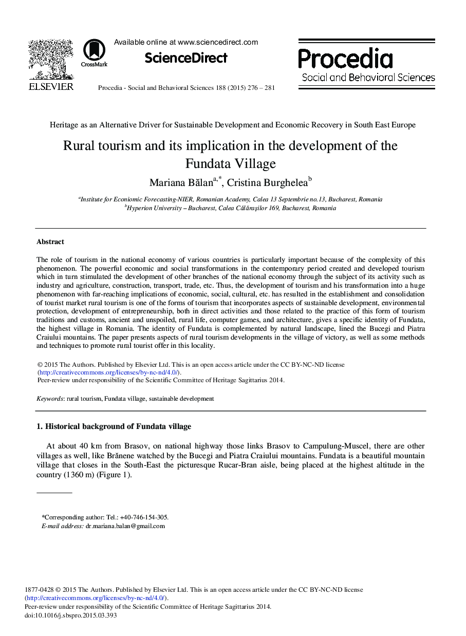 Rural Tourism and its Implication in the Development of the Fundata Village 