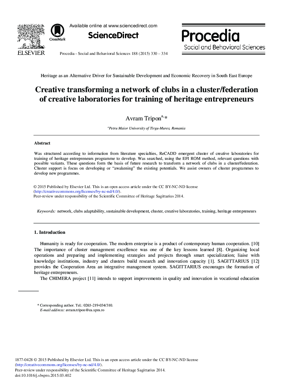 Creative Transforming a Network of Clubs in a Cluster/Federation of Creative Laboratories for Training of Heritage Entrepreneurs 