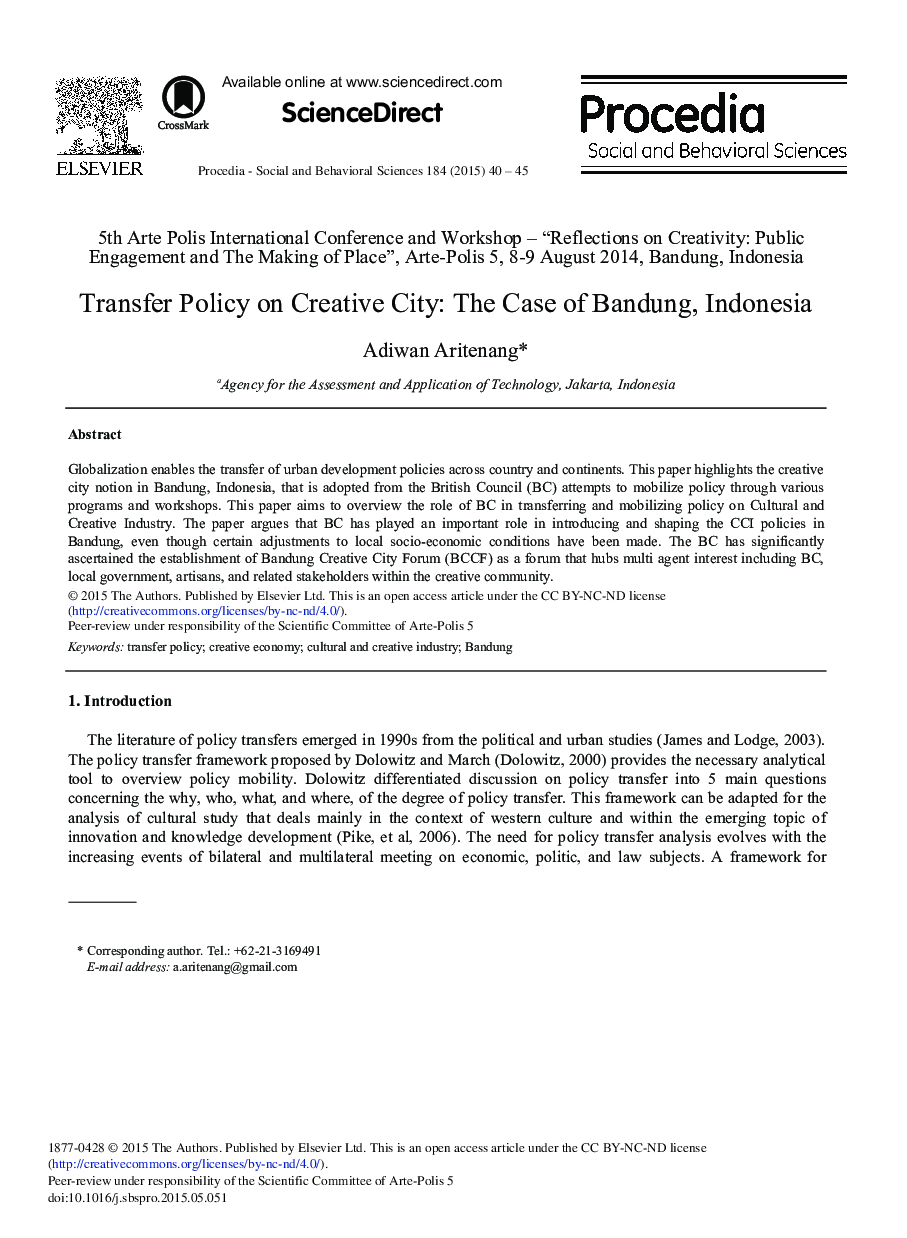 Transfer Policy on Creative City: The Case of Bandung, Indonesia 