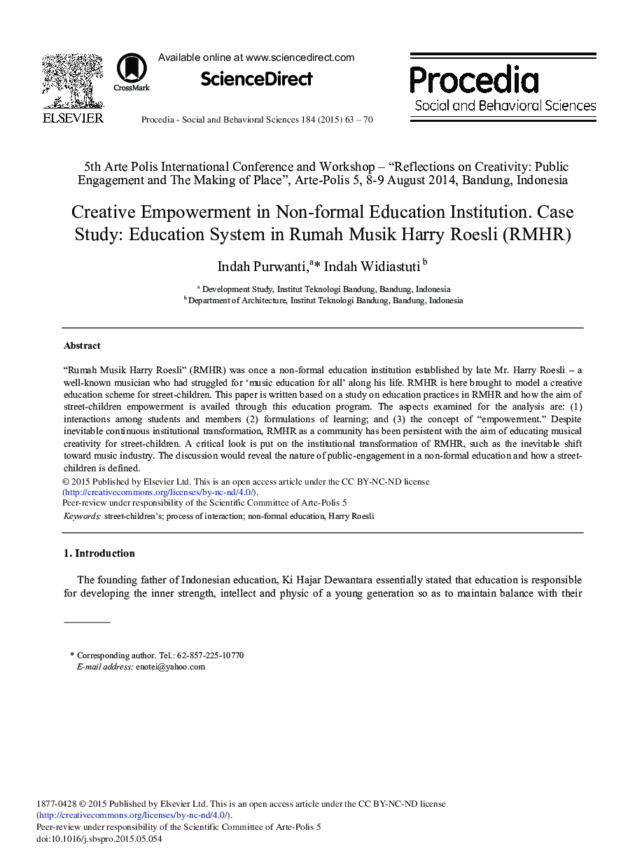 Creative Empowerment in Non-formal Education Institution. Case Study: Education System in Rumah Musik Harry Roesli (RMHR) 