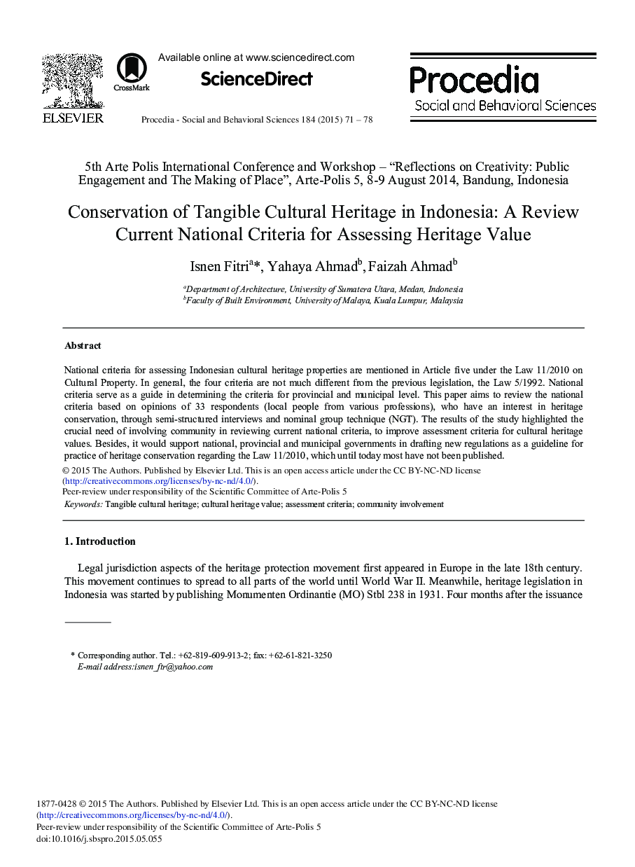 Conservation of Tangible Cultural Heritage in Indonesia: A Review Current National Criteria for Assessing Heritage Value 