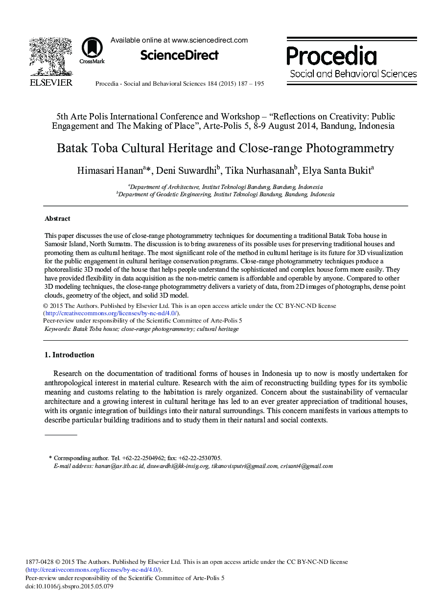 Batak Toba Cultural Heritage and Close-range Photogrammetry 