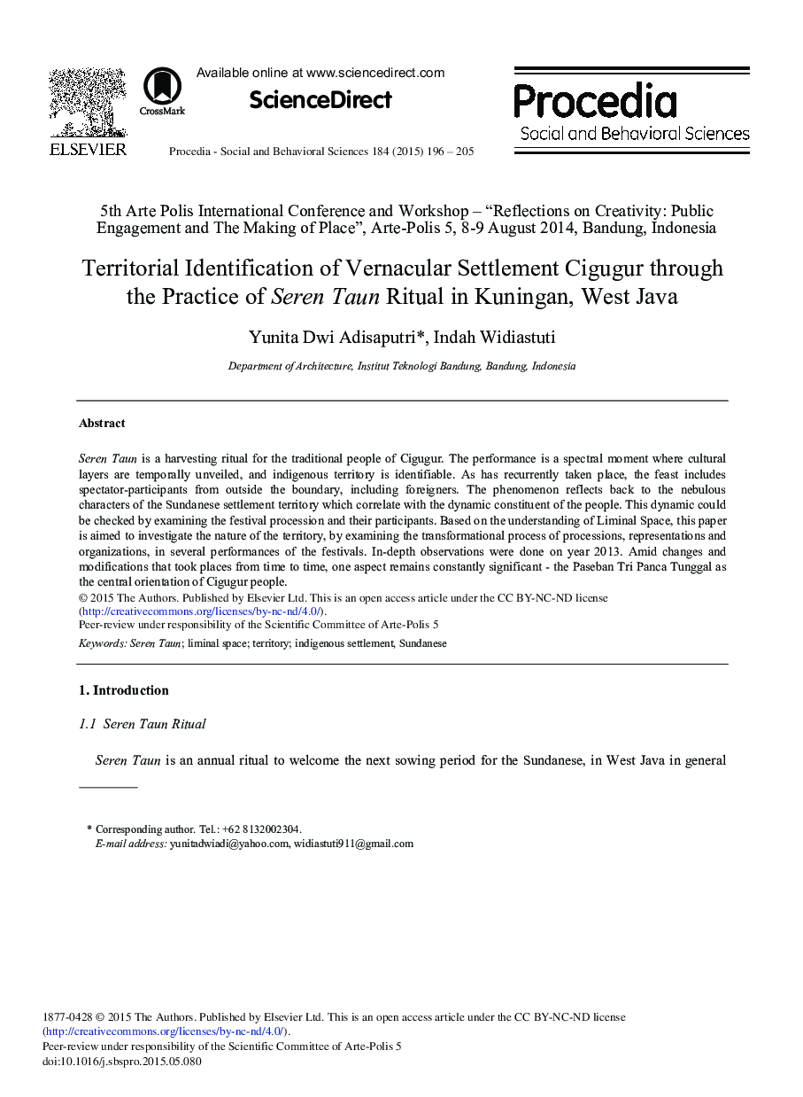 Territorial Identification of Vernacular Settlement Cigugur through the Practice of Seren Taun Ritual in Kuningan, West Java 