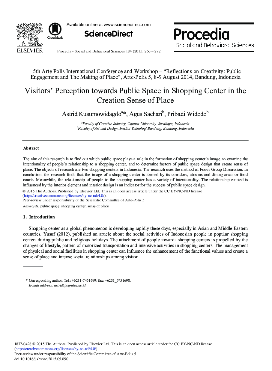 Visitors’ Perception towards Public Space in Shopping Center in the Creation Sense of Place 