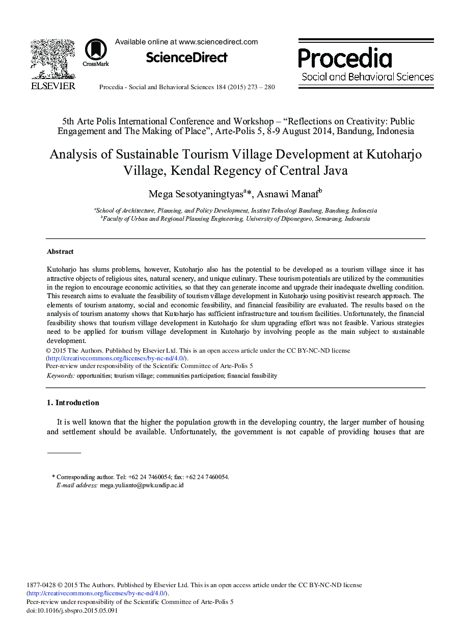 Analysis of Sustainable Tourism Village Development at Kutoharjo Village, Kendal Regency of Central Java 