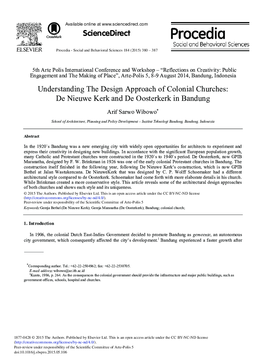 Understanding the Design Approach of Colonial Churches: De Nieuwe Kerk and De Oosterkerk in Bandung 