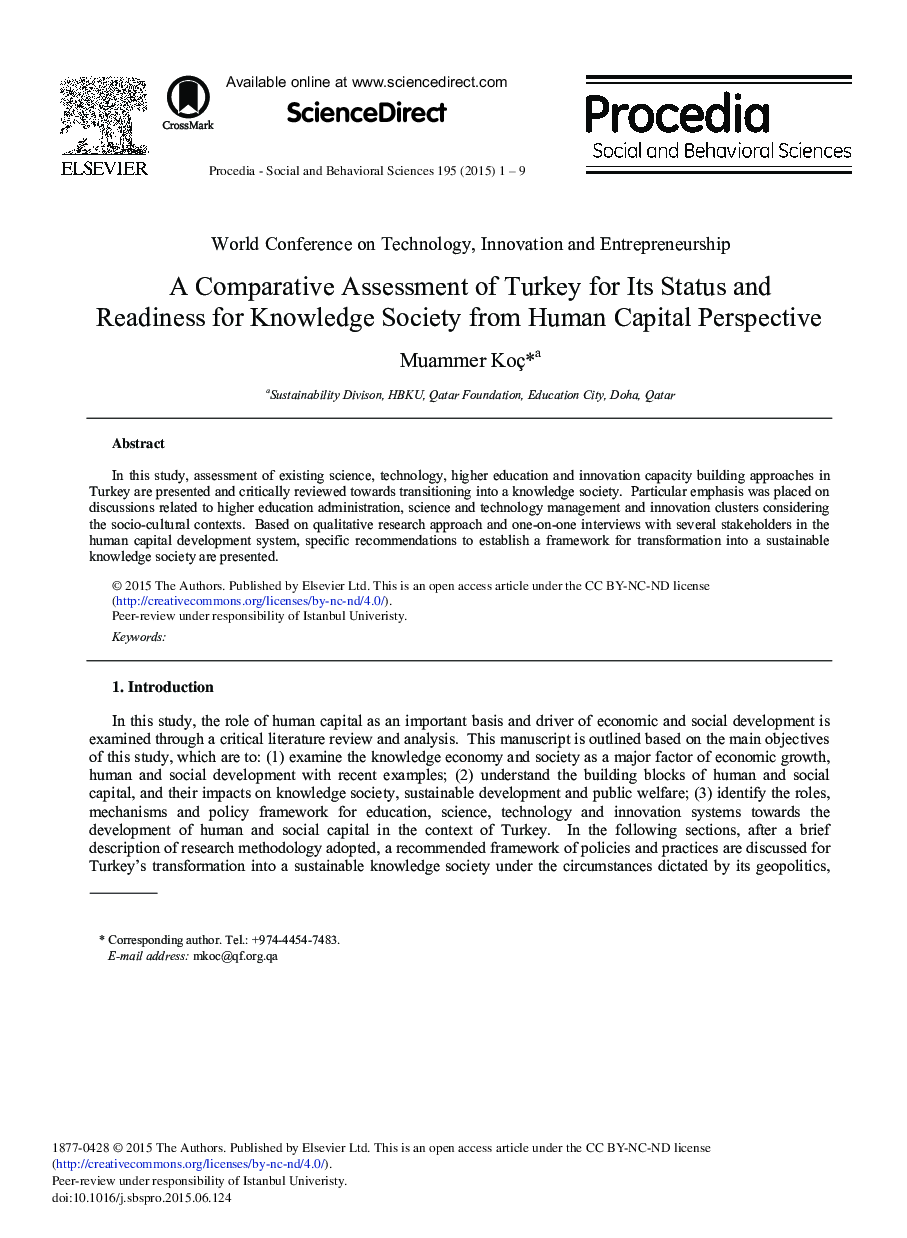 A Comparative Assessment of Turkey for Its Status and Readiness for Knowledge Society from Human Capital Perspective 