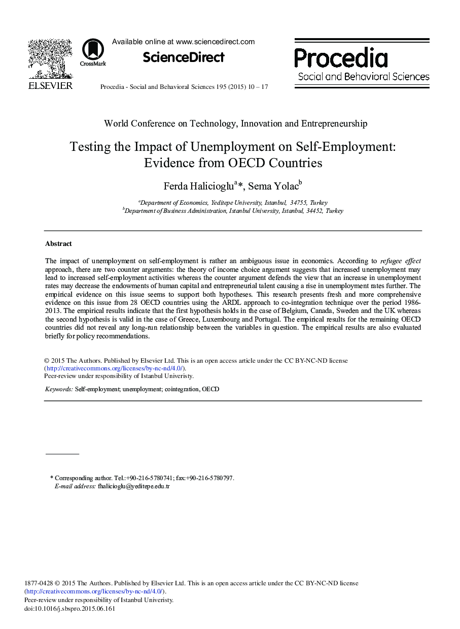 Testing the Impact of Unemployment on Self-Employment: Evidence from OECD Countries 