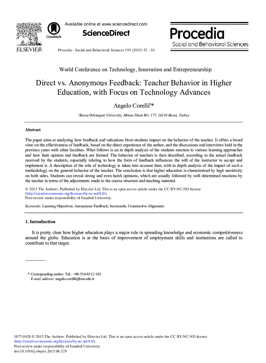 Direct vs. Anonymous Feedback: Teacher Behavior in Higher Education, with Focus on Technology Advances 