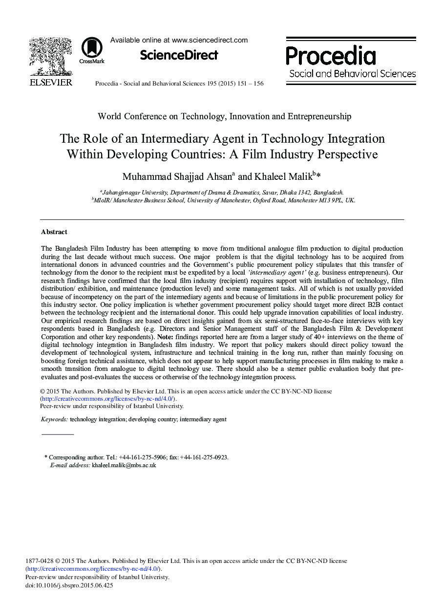 The Role of an Intermediary Agent in Technology Integration Within Developing Countries: A Film Industry Perspective 