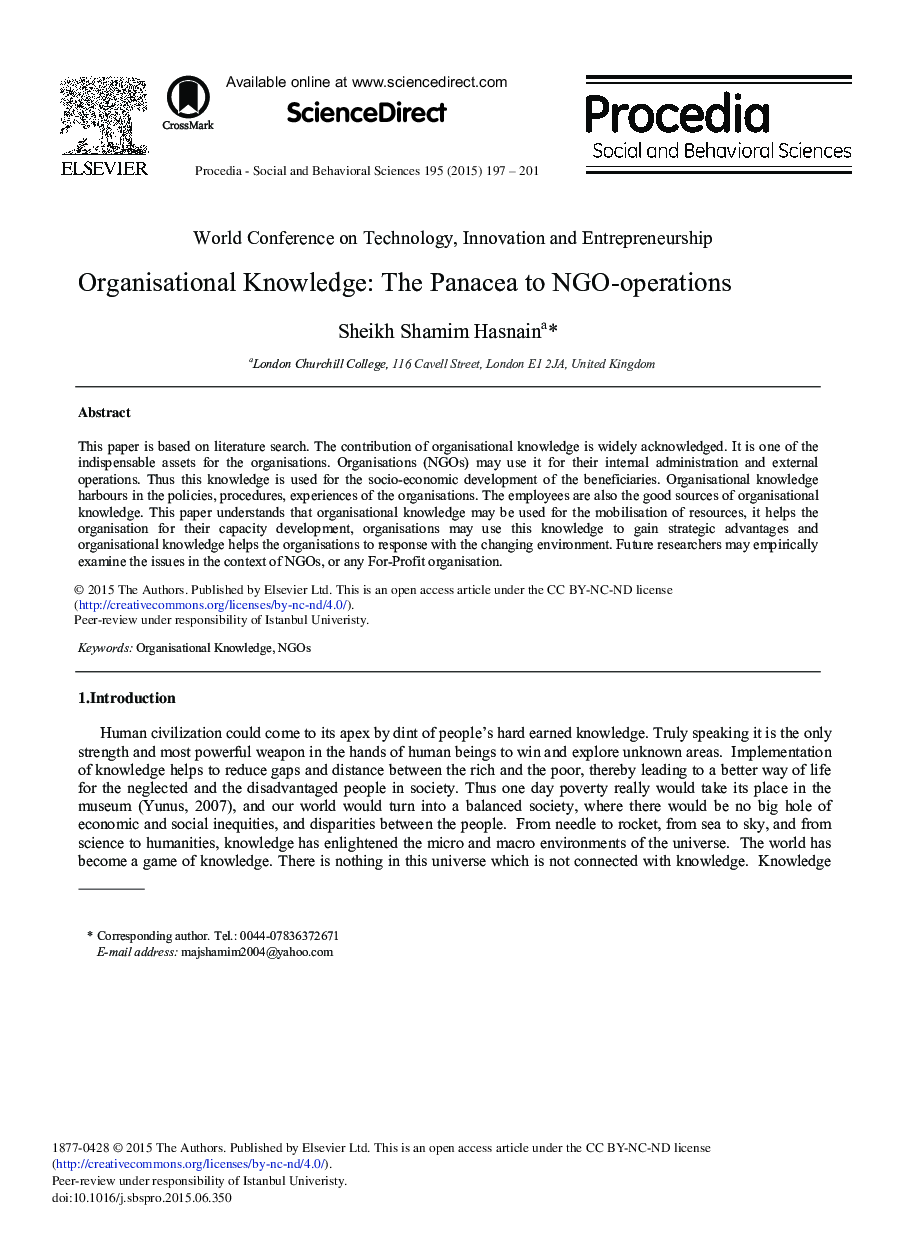 Organisational Knowledge: The Panacea to NGO-operations 