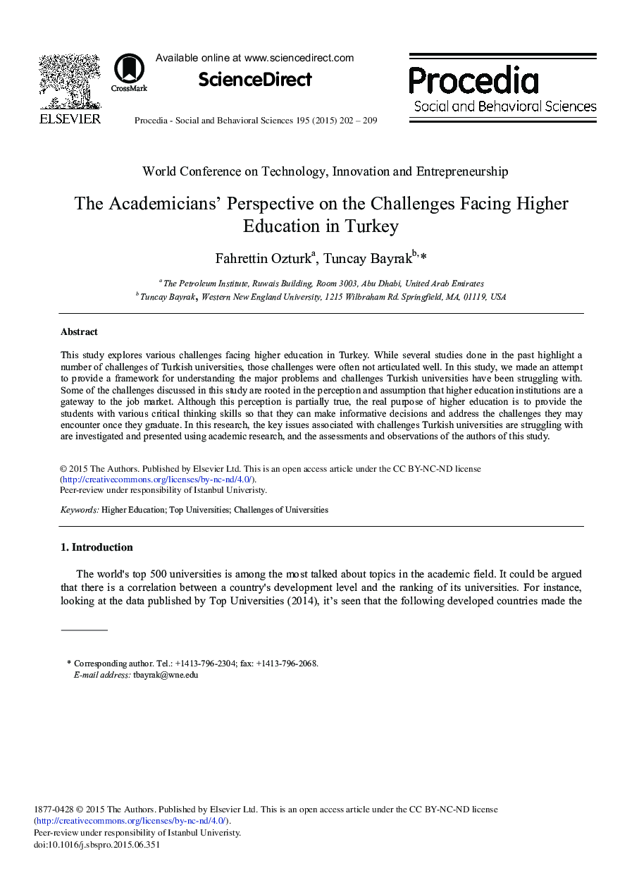 The Academicians’ Perspective on the Challenges Facing Higher Education in Turkey 