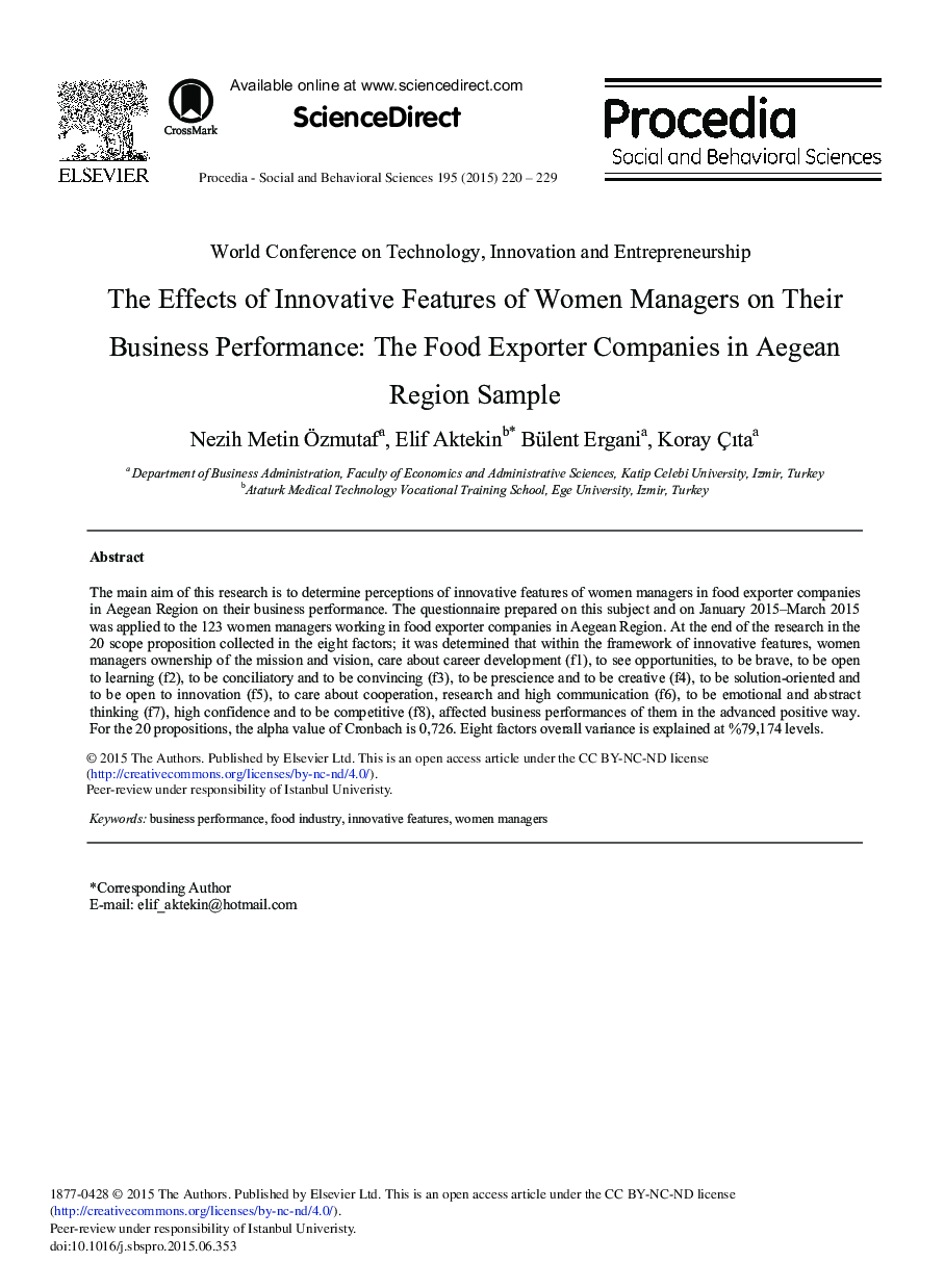 The Effects of Innovative Features of Women Managers on their Business Performance: The Food Exporter Companies in Aegean Region Sample 