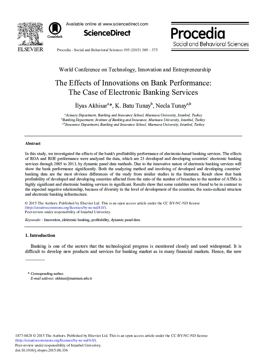 The Effects of Innovations on Bank Performance: The Case of Electronic Banking Services 