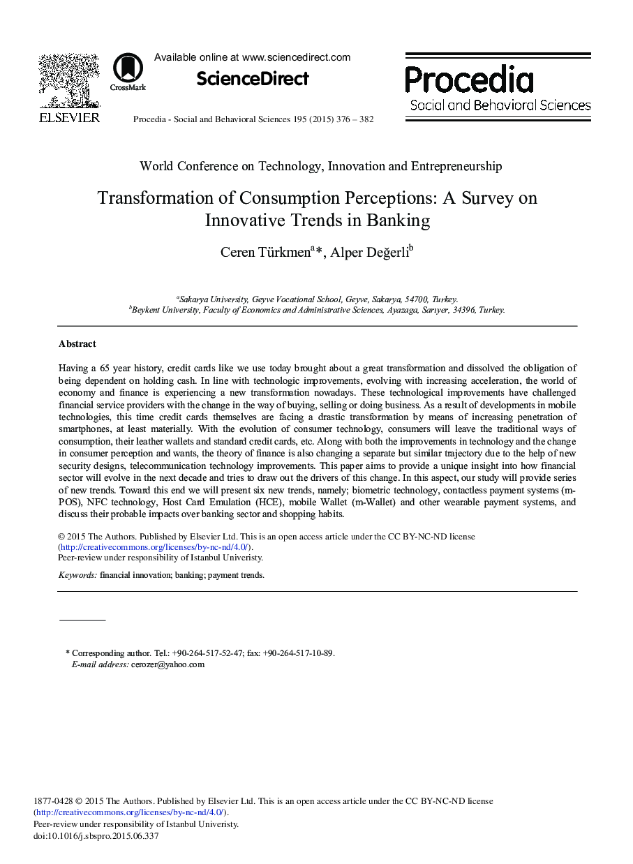 Transformation of Consumption Perceptions: A Survey on Innovative Trends in Banking 