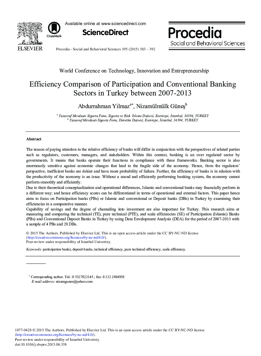 Efficiency Comparison of Participation and Conventional Banking Sectors in Turkey between 2007-2013 